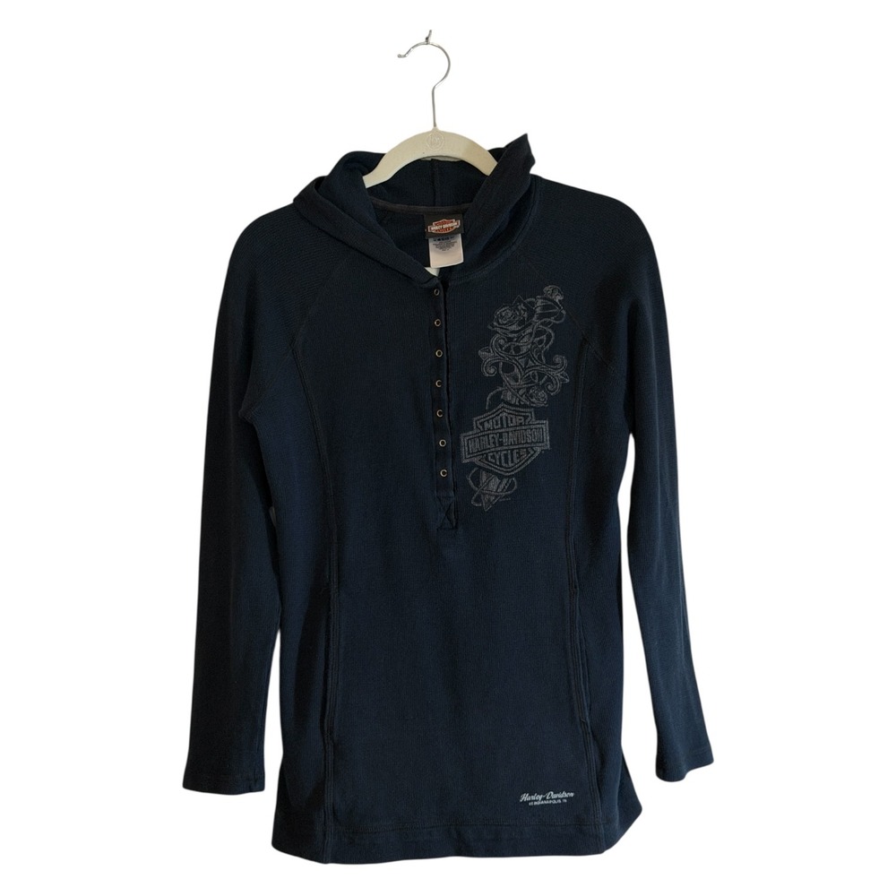 Harley Davidson Waffle Hoodie Womens 1X Black Henley Graphic Biker Indianapolis‎